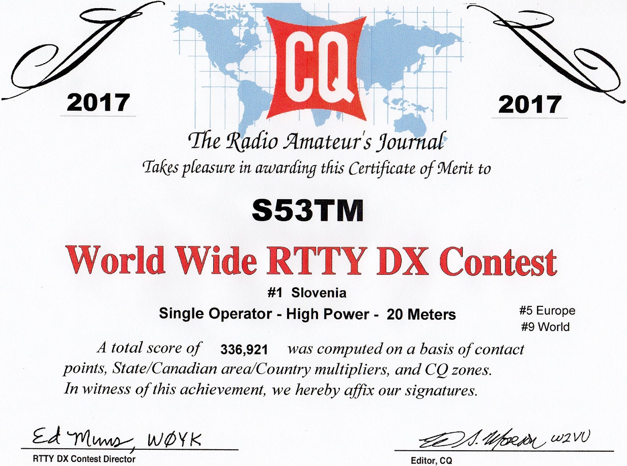 Tine S53TM WW RTTY DX Contest 2017 | Final result #1 S5, #5 EU, #9 WW